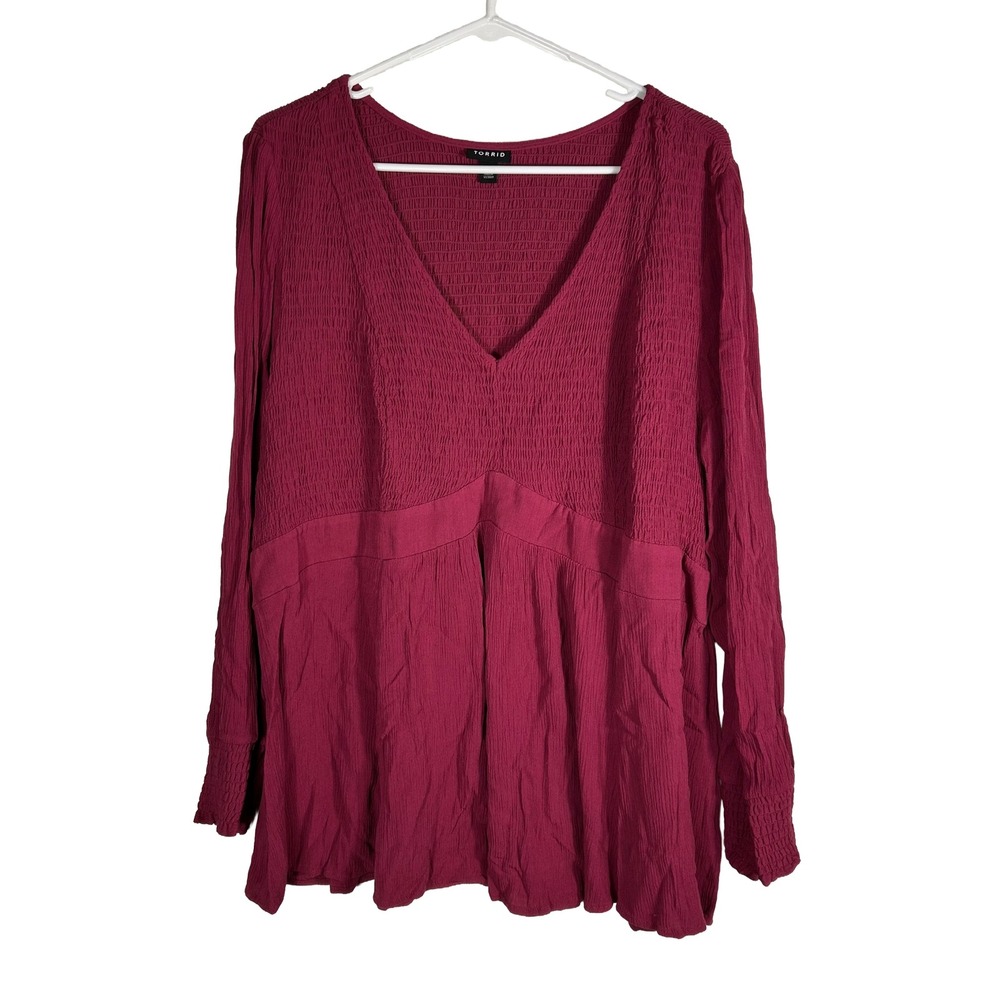 Torrid Womens Plus‎ Size 3 Berry Wine Smocked V-Neck Long Sleeve Babydoll Blouse